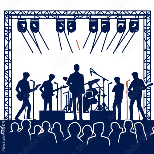 Passionate Performance: Singer Belting on Stage, hand drawn illustration of a music group with diverse music instrument