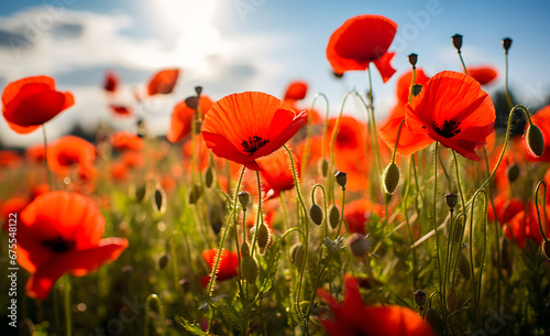 Sunlit poppy field with vibrant red petals and delicate buds  embodying the warm essence of summer.