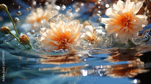  a group of flowers floating on top of a body of water with drops of water on the bottom of them. generative ai
