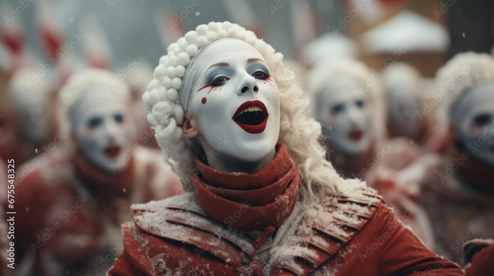 A bright girl in fashionable red clothes, with an original hairstyle and special makeup on her face sings against a blurry background of a Christmas costume carnival. Theatrical winter performances