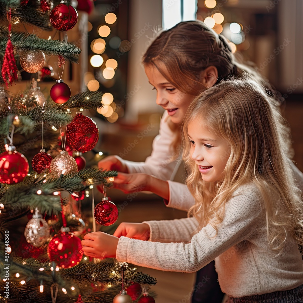 Children at Christmas with presents and Christmas tree
