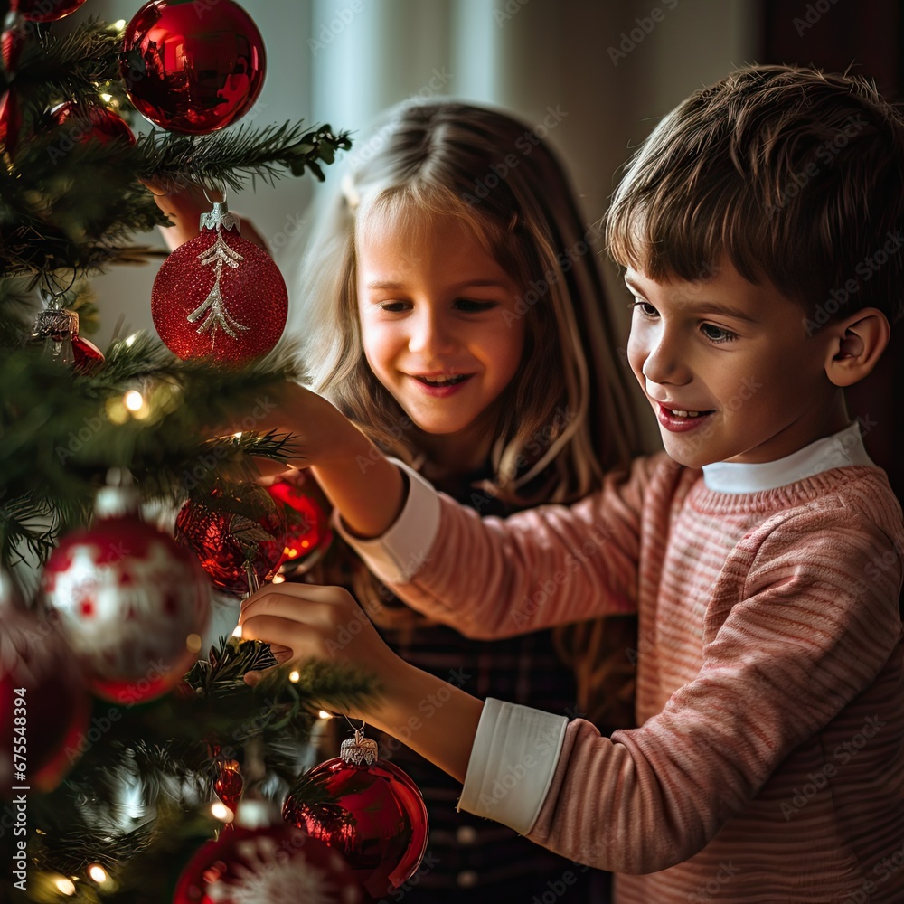 Children at Christmas with presents and Christmas tree