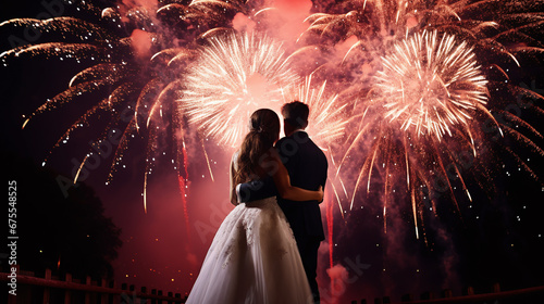 Silhouettes of a bride and groom in front of a nighttime fireworks display photo