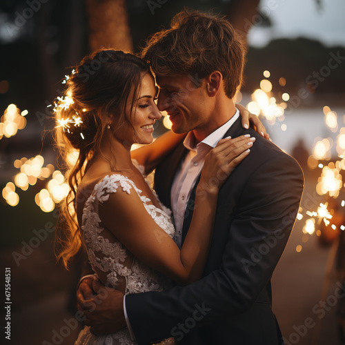 bride and groom in front of a nighttime lights and sparklers photo