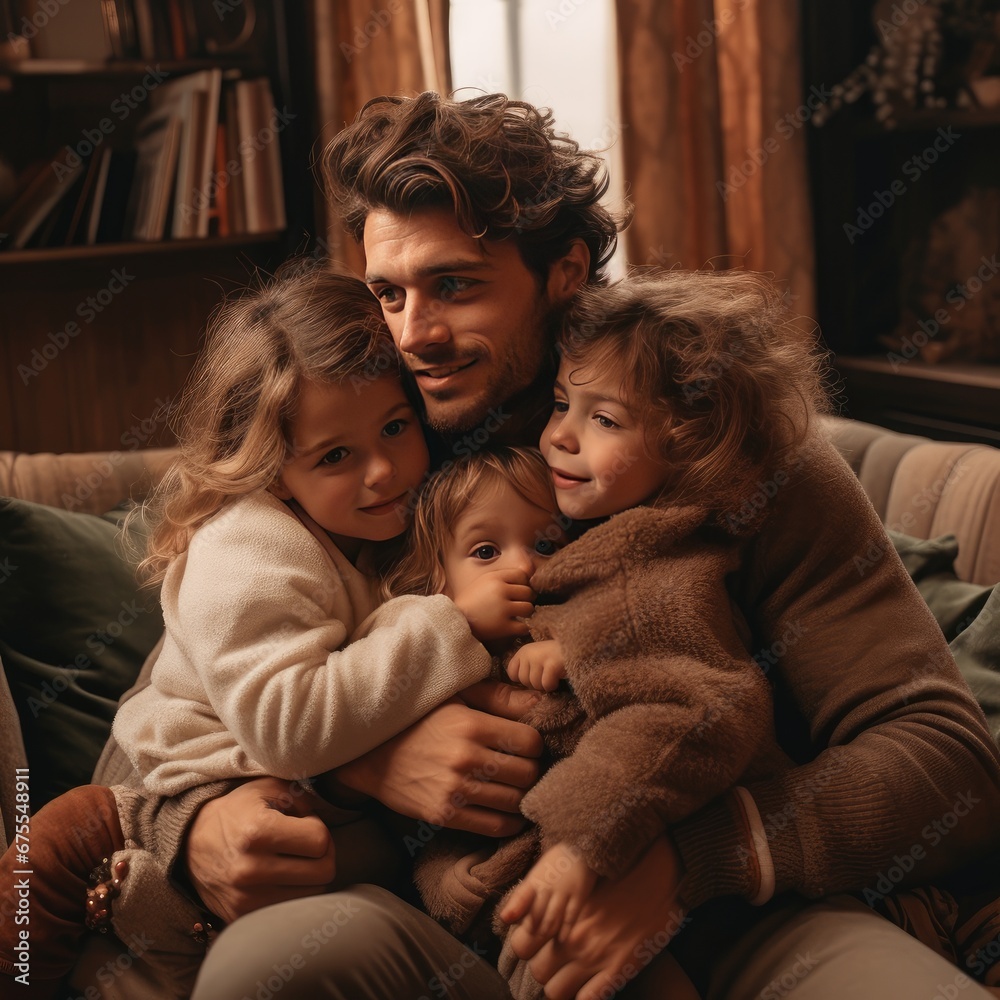 Father hugging children in a house Father hugging children in a house