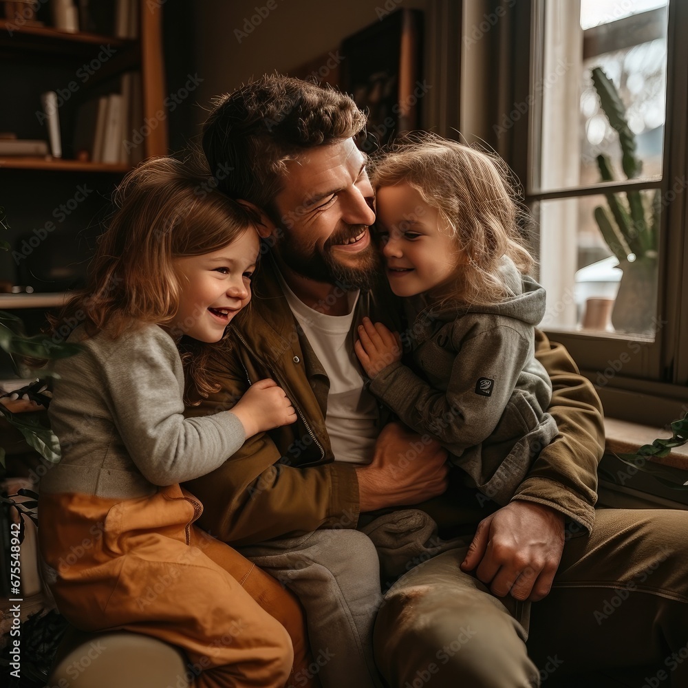 Father hugging children in a house Father hugging children in a house