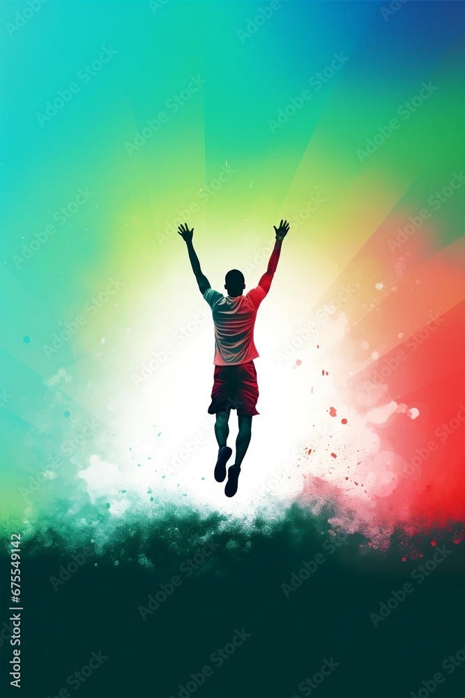 Silhouette of a person with arms raised, Silhouette of a happy sportsman after winning game, happily jumping man around colorful gradient, Man showing Victory sign after winning marathon Silhouette of a person with arms raised, Silhouette of a happy sportsman after winning game, happily jumping man around colorful gradient, Man showing Victory sign after winning marathon