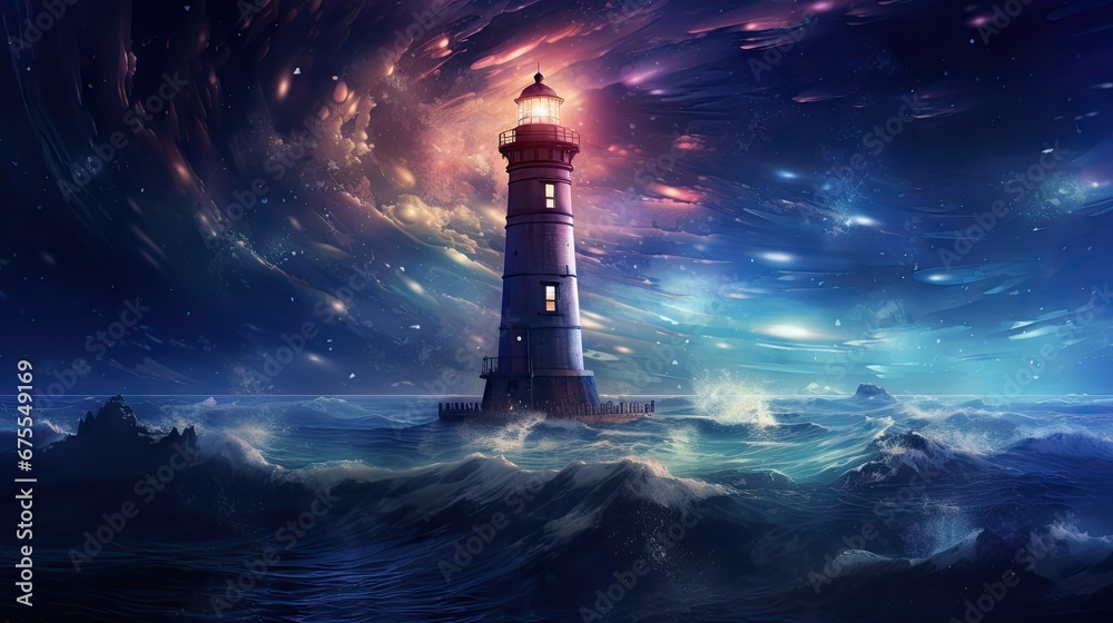  a painting of a lighthouse in the middle of a body of water with a sky full of stars in the background.  generative ai
