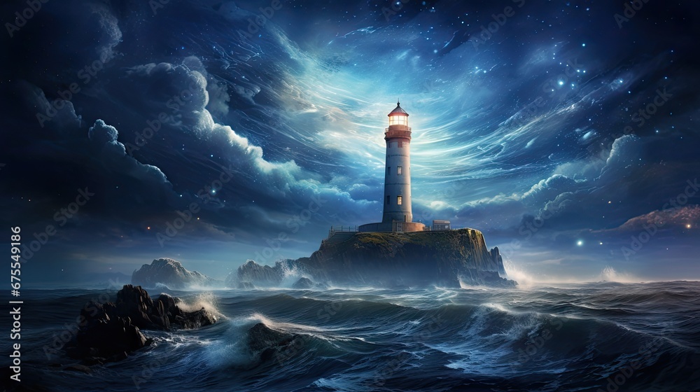  a painting of a lighthouse in the middle of a body of water with a star filled sky in the background.  generative ai