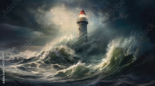Obraz na płótnie a painting of a lighthouse in the middle of a large body of water with a stormy sky in the background