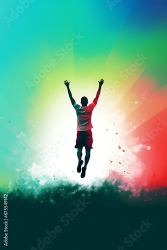 Silhouette of a person with arms raised, Silhouette of a happy sportsman after winning game, happily jumping man around colorful gradient, Man showing Victory sign after winning marathon 