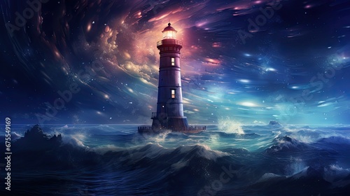  a painting of a lighthouse in the middle of a body of water with a sky full of stars in the background. generative ai
