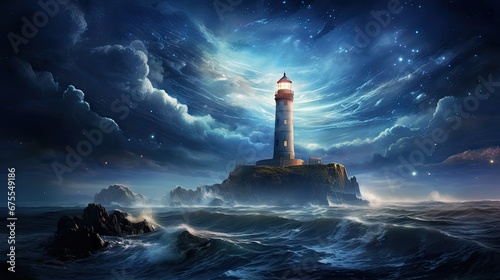  a painting of a lighthouse in the middle of a body of water with a star filled sky in the background. generative ai