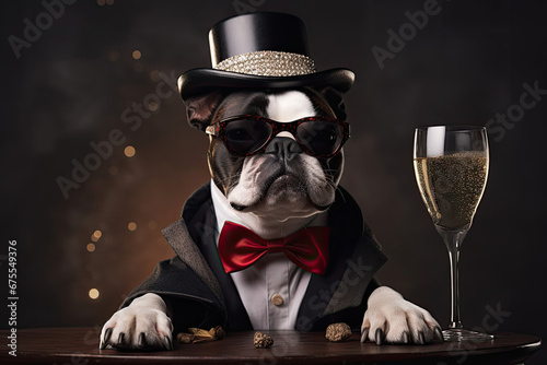 Boston Terrier drinking champagne on New Year's Eve party. Generative AI. Generative AI