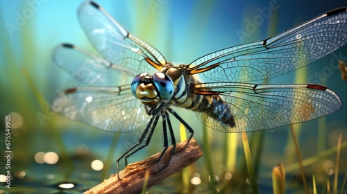  a close up of a dragonfly sitting on a piece of wood next to a body of water with grass in the background.  generative ai