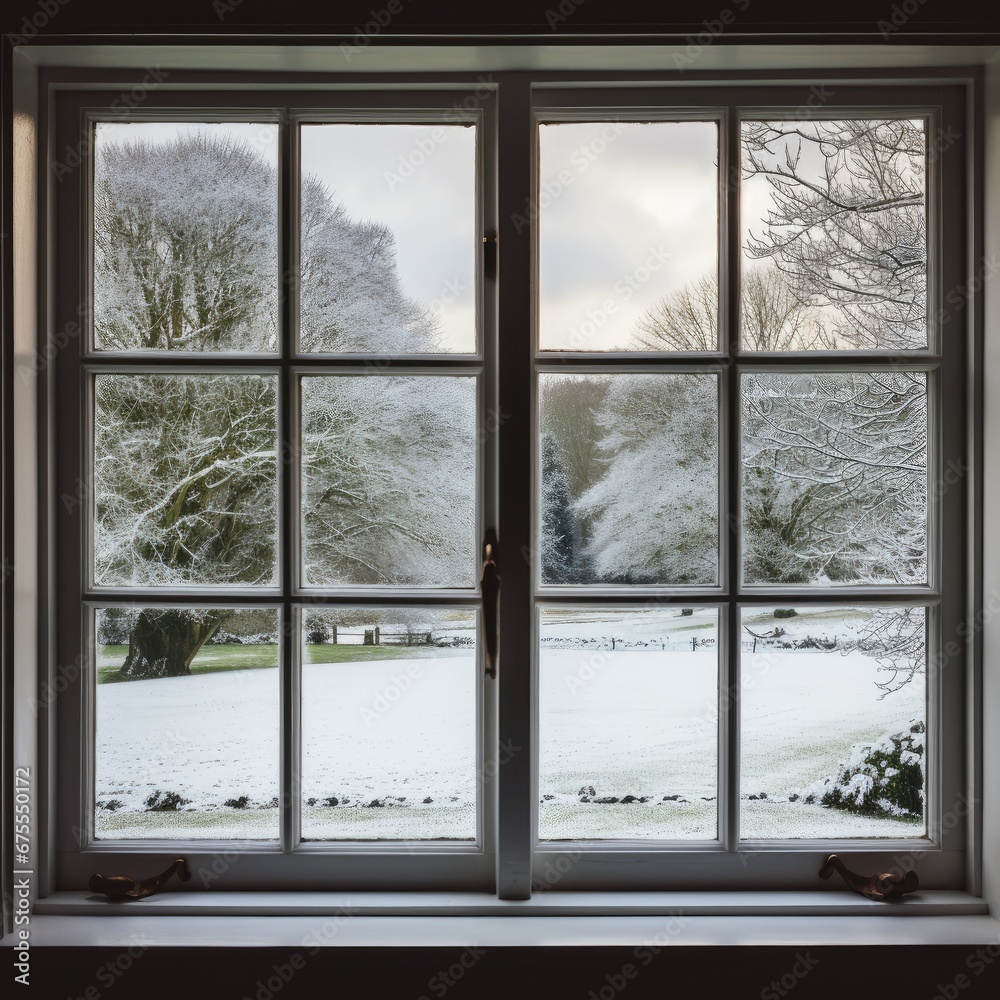 View of winter outside through the window View of winter outside through the window