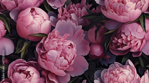 Fototapeta Naklejka Na Ścianę i Meble -   a bunch of pink peonies with green leaves and buds on a black background with pink and purple flowers.  generative ai