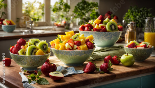 fruit salad of kiwi  apple  mango  strawberries in beautiful glass bowls  in the kitchen