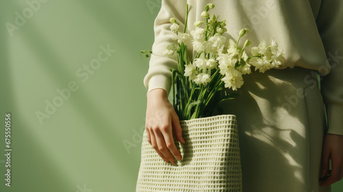 Close-up of a woman holding spring flowers and a bag in her hand. Spring sale, femininity, tenderness, copy space.  © IndigoElf