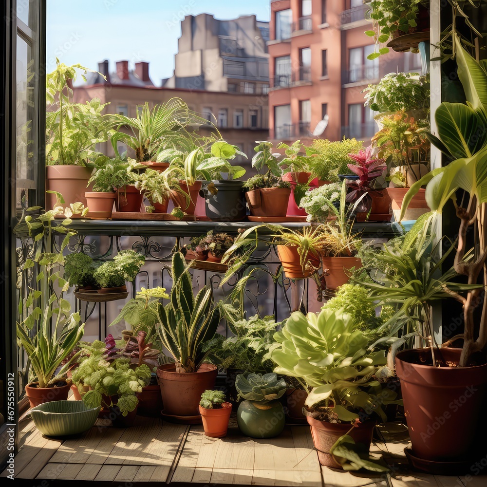 Plants in pots on a balcony in the city, generative ai