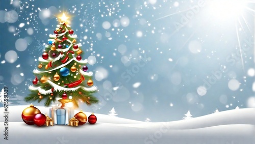 Beautiful decorated Christmas tree on light background, space for text. Banner design