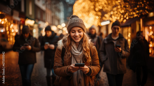 Woman using phone walking in the street in Christmas