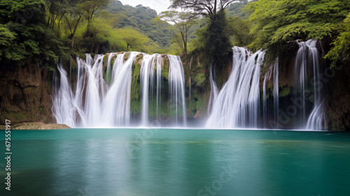 Beautiful waterfall in tropical forest  long exposure  panoramic view. 