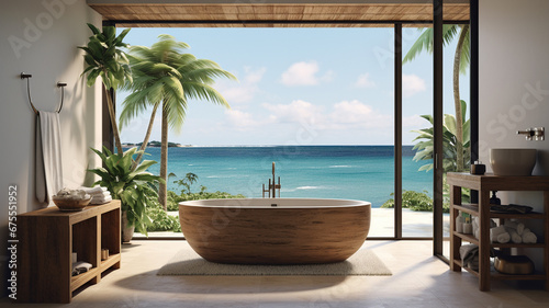 interior of luxury modern bathroom with wooden walls and wooden walls  bathtub and comfortable bathtub. 3 d rendering