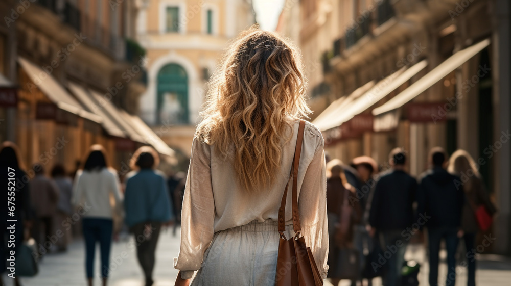 attractive blonde woman with shopping bags walking on a city street. - obrazy, fototapety, plakaty 