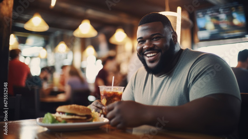 Smiling fat black man eating burger in a restaurant