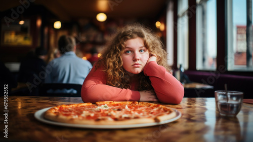 Sad teen girl unwilling to eat pizza