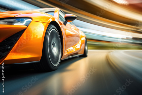Yellow sport car driving fast  motion blur