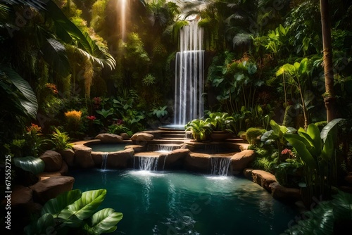 An exotic garden with a waterfall on a gloomy day with shining rays of sun - AI Generative