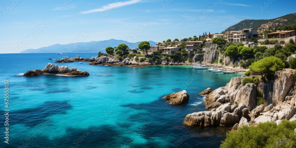 mediterranean coastal town with ocean view, wanderlust and blue sky