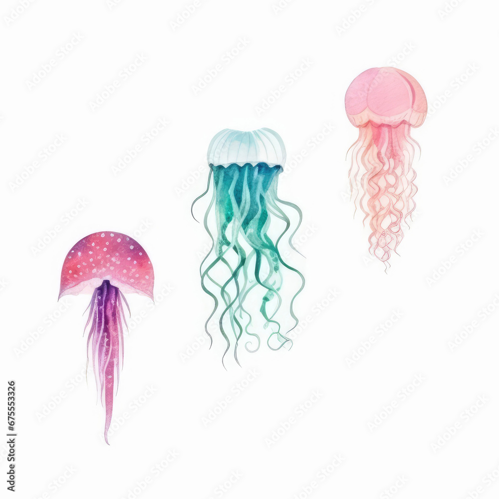 Fototapeta premium Watercolor jellyfish, a marine animal in delicate colors, oceanic flora and fauna, a dangerous inhabitant of the sea, snorkeling underwater.