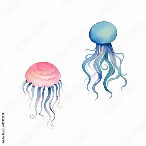 Watercolor jellyfish, a marine animal in delicate colors, oceanic flora and fauna, a dangerous inhabitant of the sea, snorkeling underwater.