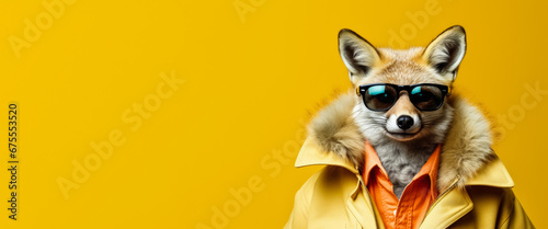 Cool looking fox wearing funky fashion dress - jacket, shirt, dark shades sunglasses. Wide banner with copy space on side. Stylish animal posing. Generative AI photo