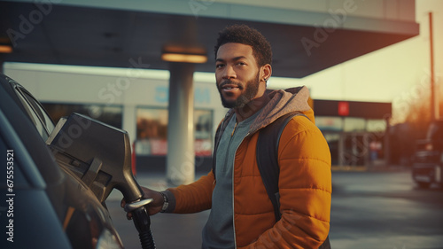 young man in a black shirt is holding a car in the hands. a black man is in a car with a gasoline pump