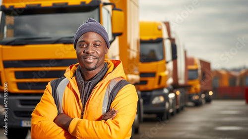 african american delivery worker with crossed arms standing in the yard at truck.