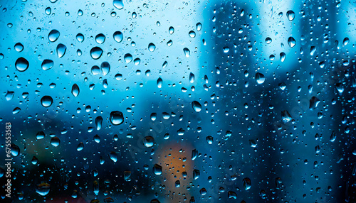 Rain drops on fogged glass  with bokeh lights. AI generation.