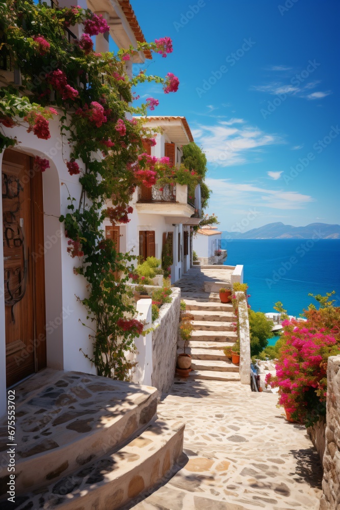 Naklejka premium mediterranean coastal town with ocean view, wanderlust and blue sky