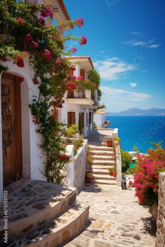 mediterranean coastal town with ocean view, wanderlust and blue sky © Riverland Studio