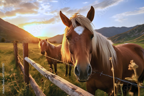 Close up photography of two beautiful wild horses on a mountain range pasture at a sunset, standing behind the fence, hills blurred in the background