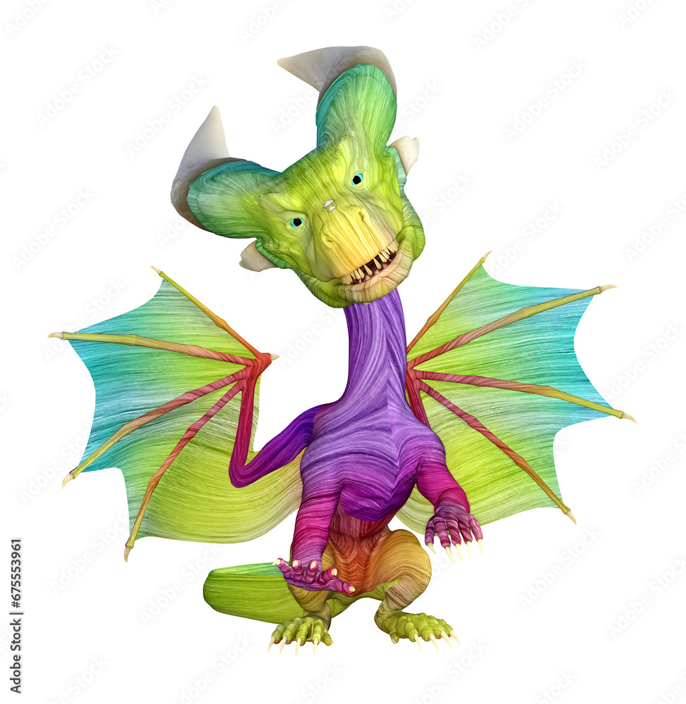 Fototapeta premium Illustration of a cute rainbow dragon standing and looking forward isolated on a white background.