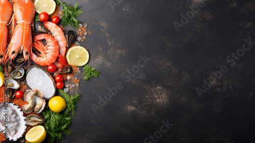 seafood background. fresh fish, shrimp and oysters on black background with space for your text. top view. flat lay, banner