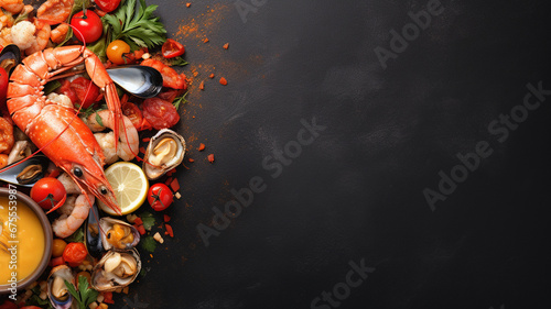 seafood background. fresh fish, shrimp and oysters on black background with space for your text. top view. flat lay, banner