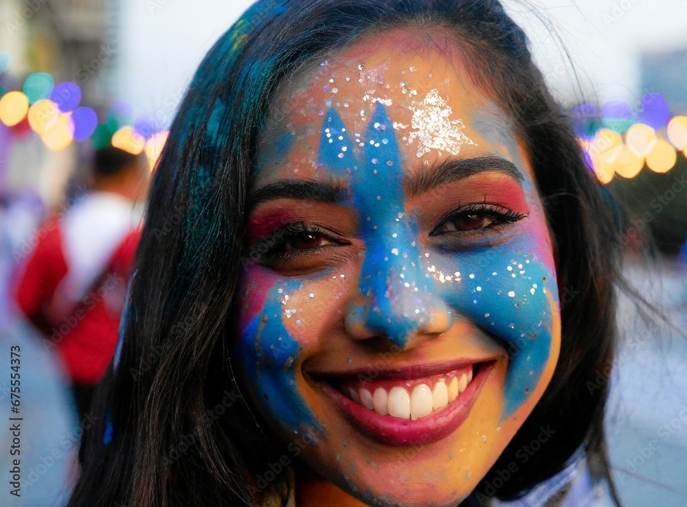 Brunette latin beauty woman smiling to the camera, while enjoying carnival celebration, colorful face makeup  closeup