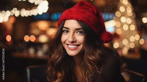 A happy Christmas party between friends dress up in Santa Claus hat at Christmas celebration party. © ANEK