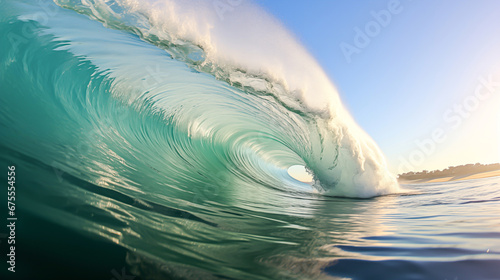 Surfing ocean wave breaking. Blue ocean wave with blue sky and sun. Blue ocean wave with splashes and spray. © korkut82