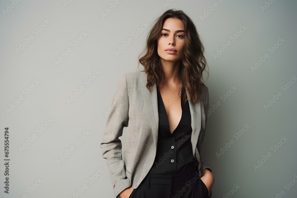 A confident woman struts her stuff in a tailored plaid suit, on a minimalistic simple bright background. generative AI A confident woman struts her stuff in a tailored plaid suit, on a minimalistic simple bright background. generative AI